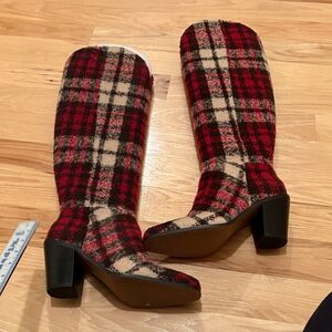 Jessica Simpson Red and Black Plaid Heeled Boots NWOT